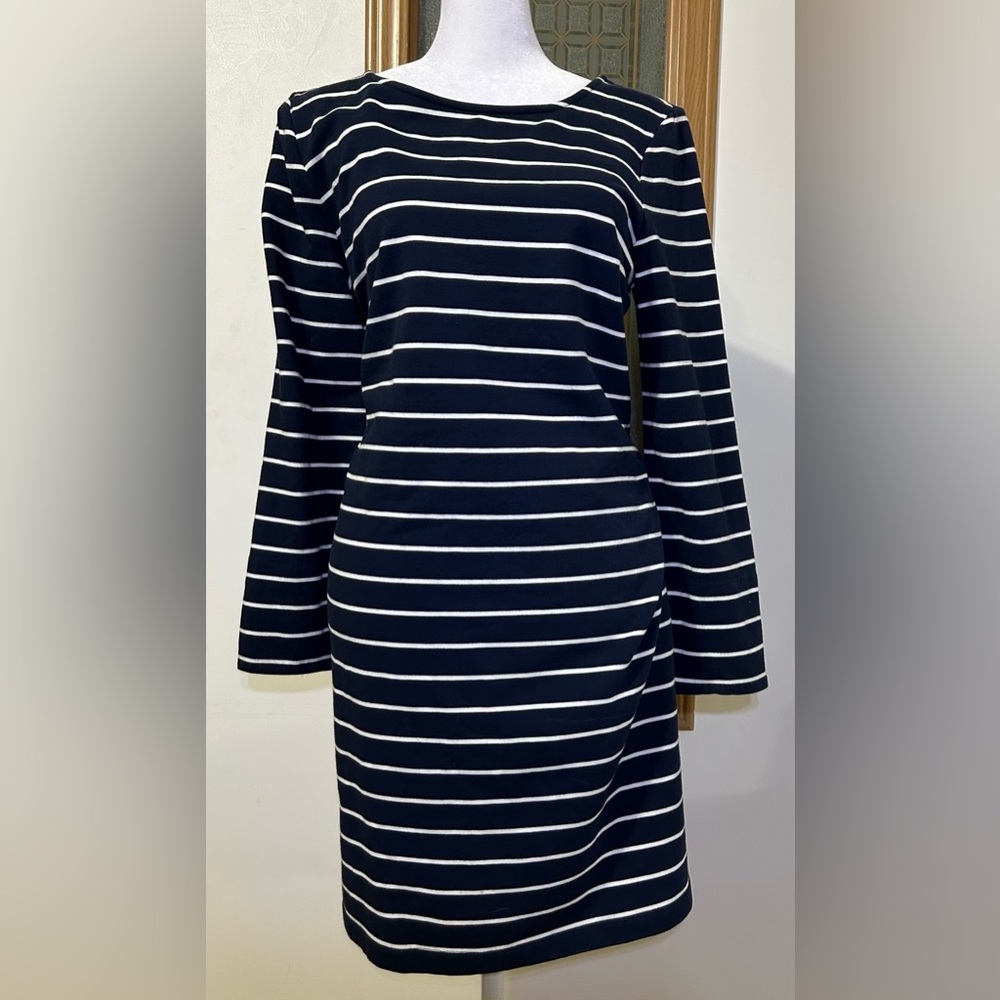 St. Tropez West Striped Mini Dress L Navy White Long Sleeve Casual